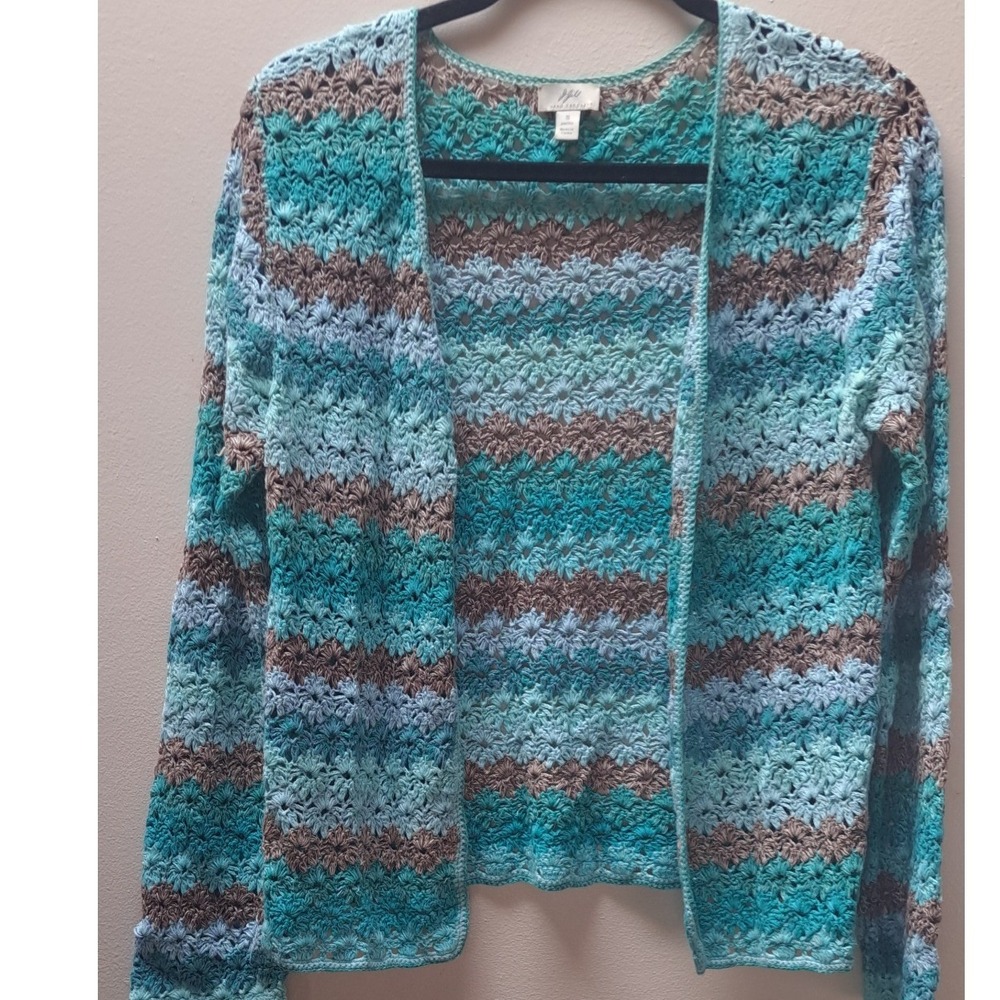 J.Jill Hand Crochet Cardigan Sweater Petite Small Blue Brown Linen 61-3094P